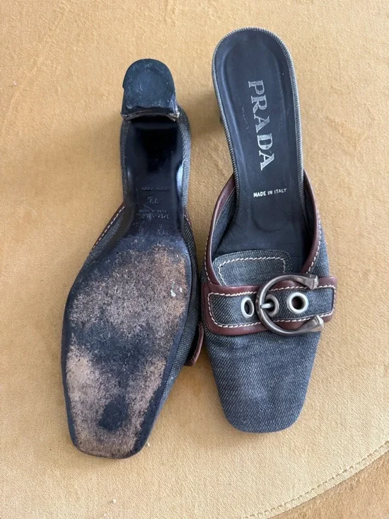 Vintage Prada Denim and Brown Leather Buckle Mules - Picture 5 of 7